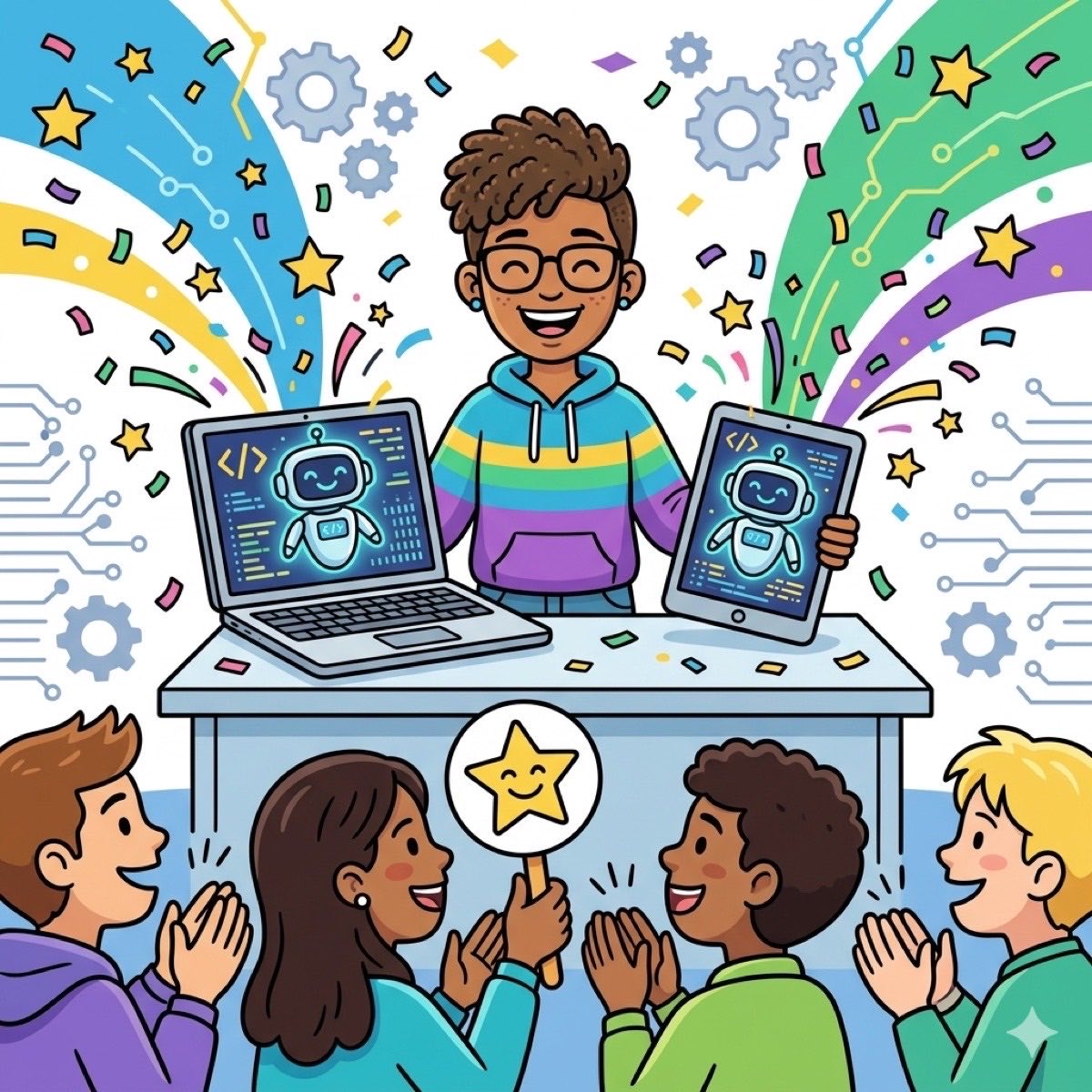 Illustration of a student presenting their chatbot on a laptop and tablet to a group of applauding classmates.