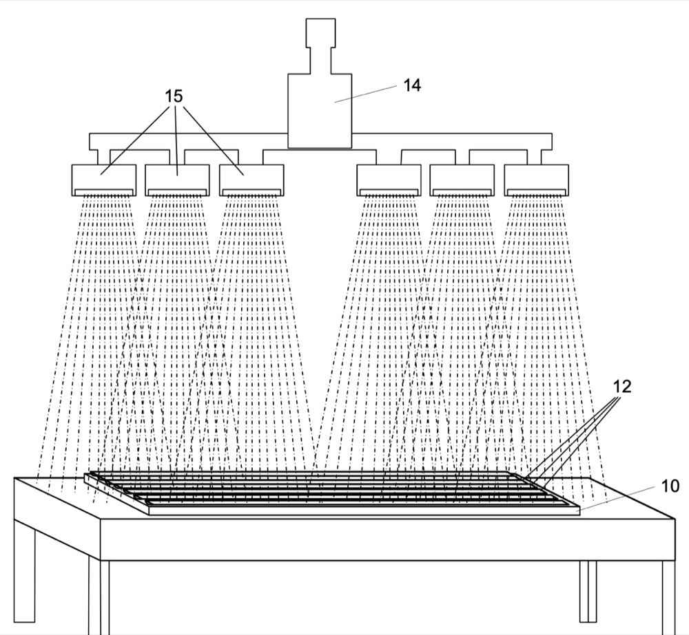 Patent line drawing of a hyperspectral imaging system: a bank of imaging heads mounted above a table holding trays of rock core samples.